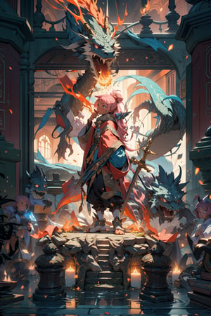 (masterpiece), best quality, 1boy, kid, mage, holding_weapon, magic staff, casting fire magic [Fire | Dragon], magican, wide shot, intricate details, pink particles swirling, ,EnvyBeautyMix23