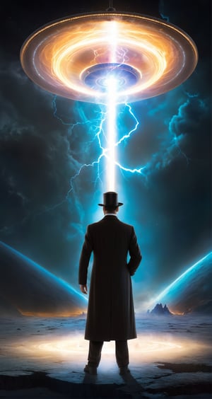 1male, ((Nikola Tesla)), 1ET, ((standing with an Aliennoid)), (power portal), (Lightning strike:1.3), (((X-shaped beam))), electric ball, field. The Mothership, UFO, (dark magic), (glow bubbles), ((floating energy bubbles)), ((black bubble)), black energy, floating_fragments:1.3, Canyon field, fantasy dynamic pose, elegant, dramtic light, volumetric light, transparency, shadow, surrealism, translucent, contrapposto, action packed, by Alena Aenami, fantasy, magic beams, (intricate details), (hyperdetailed), 8k hdr, high detailed, high quality, cinematic light, dramatic atmosphere, atmospheric perspective, vibrant, clarity, Synaptic_Shadows, DonMASKTex, Movie Still, Film Still, Cinematic, (((phantasmic projection))), neo-alien_nomad, Landskaper, steampunk style, back view, black hat, (Time flow), (Dark:1.5), ((Depth of field))