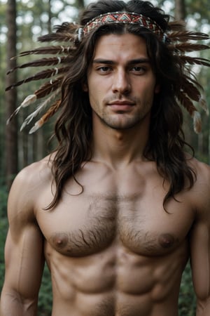 Cinematic of handsome Native Americans, Tribal warrior, brown_skin:1.2, with shaman tattoo, realistic skin, (Tribal bird feather hat), long black hair, realistic muscle | Giant  White Wolf from beside a man, the wolf is bigger than the man, Cinematographic, In the middle of a deep and dark forest. Leonardo Style, realistic film shot in natural light, best quality, 8k, detailed hand, detailed finger, high detail, accessory details, cover_foot, Film Still, (Depth of field:1.3), Bokeh light, glowing,male, ((full_body shot)), (proud stance:1.5), (together),Detailedface, mustache:0,1, 