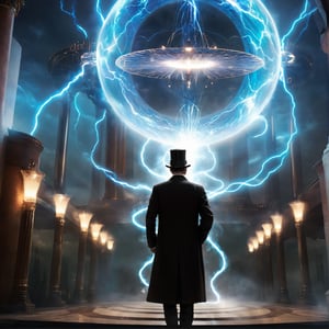 1male, ((Nikola Tesla)), 1ET, ((standing with an Aliennoid)), (power portal), (Lightning strike:1.3), (((X-shaped beam))), electric ball, field. The Mothership, UFO, (dark magic), (glow bubbles), ((floating energy bubbles)), floating_fragments:1.3, Canyon field, fantasy dynamic pose, elegant, dramtic light, volumetric light, transparency, shadow, surrealism, translucent, contrapposto, action packed, by Alena Aenami, fantasy, magic beams, (intricate details), (hyperdetailed), 8k hdr, high detailed, high quality, cinematic light, dramatic atmosphere, atmospheric perspective, vibrant, clarity, Synaptic_Shadows, DonMASKTex, Movie Still, Film Still, Cinematic, (((phantasmic projection))), neo-alien_nomad, Landskaper, steampunk style, back view, black hat, (Time flow), (Dark:1.5), 