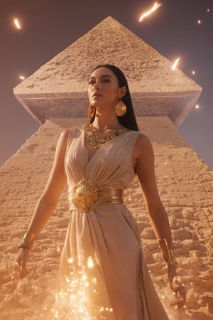 (in Egypt), (Pyramid Egypt behind), (character Isis), egyptian style, ((full body)), fire as part of human body, blonde_hair, nature, subsurface scattering, transparent, translucent skin, glow, bloom, Bioluminescent liquid,3d style,cyborg style,Movie Still,Leonardo Style, warm color, vibrant, volumetric light, xxmix_girl, Monica Bellucci, realistic skin:1.5, (Coral), dfdd, (translucent blooms), aw0k, (((floating energy bubbles))), Floating:1.5, huayu, dancing, 6000, LostRuins, scenery, Dark