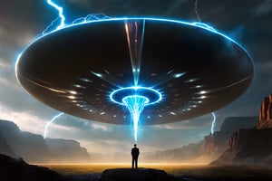 1male, ((Nikola Tesla)), 1ET, ((standing with an Aliennoid)), (power portal), (Lightning strike:1.3), (((X-shaped beam))), electric ball, field. The Mothership, UFO, (dark magic), (glow bubbles), ((floating energy bubbles)), ((black bubble)), black energy, floating_fragments:1.3, Canyon field, fantasy dynamic pose, elegant, dramtic light, volumetric light, transparency, shadow, surrealism, translucent, contrapposto, action packed, by Alena Aenami, fantasy, magic beams, (intricate details), (hyperdetailed), 8k hdr, high detailed, high quality, cinematic light, dramatic atmosphere, atmospheric perspective, vibrant, clarity, Synaptic_Shadows, DonMASKTex, Movie Still, Film Still, Cinematic, (((phantasmic projection))), neo-alien_nomad, Landskaper, steampunk style, back view, black hat, (Time flow), (View from below:1.5), Universe:1.3, (Dark:1.5), ((Depth of field))