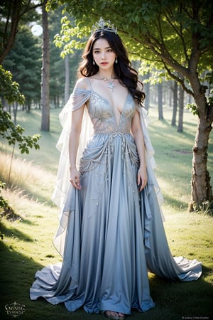 (Best quality, realistic & detailed) Photo of a mysterious woman with ethereal beauty, 1girl, flowing ash-gray hair cascading down to her knees, piercing crystal-blue eyes, delicate features adorned with intricate silver facial markings, ornate crown of twining moonlit vines, silver gown with shimmering star patterns, standing amidst a moonlit forest glade, surrounded by floating orbs emitting soft ambient light, evoking an otherworldly atmosphere.