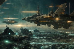 (It is the Year 2073 a.C.). In the galaxy, a magnificent battle rages between battleships and fortresses, depicted across three sections. The lower-left corner portrays the fortress named Athena, isolated and bereft of support, defended only by a few battleships and fighter craft. The middle section portrays a brutal conflict, with numerous battleships and fighters being shot down. On the right side, there's an influx of enemy reinforcements. The war is nearing its end, foreboding the fall of Athena. Amidst the aerial chaos with light-speed cannons and missiles, this will be a historic war etched into the annals of time.Add more detail,(cyberpunk style, perfect lighting, shadows, sharp focus, 8k high definition, insanely detailed, masterpiece, hiper-realistic, highest quality, intricate details), (dynamic  pose:1.4) ,Cyberpunk, Detailedface, Realism,round ass,IMGFIX,cyberpunk style,cyberpunk,insane details ,high details,more detail XL,More Detail,ff8bg,Add more detail,Lens flare,no humans,scifi_veicle,Nature,Landscape,