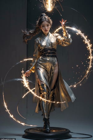Best quality,masterpiece,ultra high res,solo,curvy_figure,(roujinzhi:0.8)1girl,roujinzhi,Chinese Zen style,impactful picture,translucent and glowing metallic patterns,(glowing metal objects hovering in the air and surrounding him:1.2),(Electric arcs and sparks:1.2),(flow of energy:1.2),(translucent magnetic lines:1.2),(golden silver grey and shimmering light effects:1.2),medieval armor,hanfu,Take off your school uniform,blurry_light_background,Circle,mecha_girl_figure
