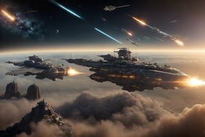 Create an exhilarating masterpiece depicting a pivotal historical event. In the galaxy, a grueling battle unfolds between two opposing forces, divided into three scenes. The bottom-left corner portrays a golden fortress, isolated and lacking support, defended by only a few space battleships and fighters. The middle section captures a brutal clash, witnessing numerous space battleships and fighters meeting their demise. The top-right corner witnesses a surge of silver warships and space fighters. As the war nears its conclusion, beams interlace between the space battleships and fortresses, while missiles continue to be launched from the space fighters. Add more detail,(cyberpunk style, perfect lighting, shadows, sharp focus, 8k high definition, insanely detailed, masterpiece, hiper-realistic, highest quality, intricate details), (dynamic  pose:1.4) ,Cyberpunk, Detailedface, Realism,round ass,IMGFIX,cyberpunk style,cyberpunk,insane details ,high details,more detail XL,More Detail,ff8bg,Add more detail,Lens flare,no humans,scifi_veicle,Nature,Landscape,pointed ears,laser,non-humanoid robot