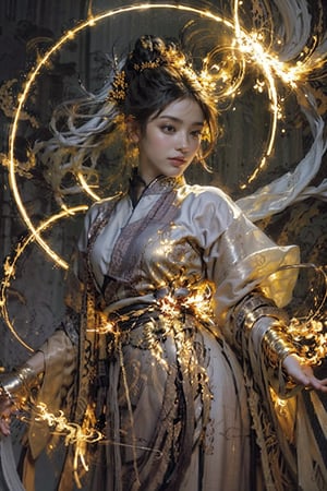 Best quality,masterpiece,ultra high res,solo,(roujinzhi:0.8)1girl,roujinzhi,Chinese Zen style,impactful picture,translucent and glowing metallic patterns,(glowing metal objects hovering in the air and surrounding him:1.2),(Electric arcs and sparks:1.2),(flow of energy:1.2),(translucent magnetic lines:1.2),(golden silver grey and shimmering light effects:1.2),medieval armor,hanfu,Take off your school uniform,DUNHUANG_CLOTHS