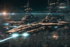 (It is the Year 2273 a.C.). In the galaxy, a magnificent battle rages between battleships and fortresses, depicted across three sections. The lower-left corner portrays the fortress named Athena, isolated and bereft of support, defended only by a few battleships and fighter craft. The middle section portrays a brutal conflict, with numerous battleships and fighters being shot down. On the right side, there's an influx of enemy reinforcements. The war is nearing its end, foreboding the fall of Athena. Amidst the aerial chaos with light-speed cannons and missiles, this will be a historic war etched into the annals of time.Add more detail,(cyberpunk style, perfect lighting, shadows, sharp focus, 8k high definition, insanely detailed, masterpiece, hiper-realistic, highest quality, intricate details), (dynamic  pose:1.4) ,Cyberpunk, Detailedface, Realism,round ass,IMGFIX,cyberpunk style,cyberpunk,insane details ,high details,more detail XL,More Detail,ff8bg,Add more detail,Lens flare,no humans,scifi_veicle,Nature,Landscape,