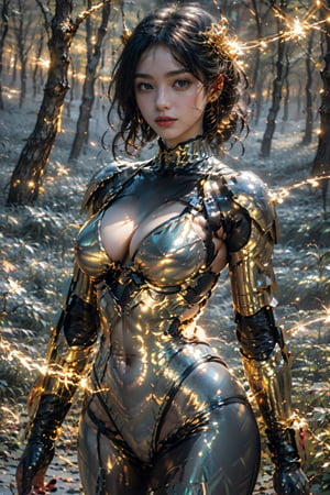 Best quality,masterpiece,ultra high res,solo,tulle,(roujinzhi:0.8)1girl,roujinzhi,Chinese Zen style,impactful picture,translucent and glowing metallic patterns,(glowing metal objects hovering in the air and surrounding him:1.2),(Electric arcs and sparks:1.2),(flow of energy:1.2),(translucent magnetic lines:1.2),(golden silver grey and shimmering light effects:1.2),medieval armor,hanfu,Take off your school uniform,blurry_light_background,Circle,mecha_girl_figure