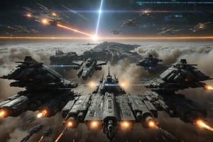 Create an exhilarating masterpiece depicting a monumental event in history. In the galaxy, a grueling battle unfolds between two opposing forces.The bottom-left corner portrays a golden fortress, isolated and lacking support, defended by merely two space battleships and three fighters. The middle section depicts a brutal conflict with ten space battleships and twenty fighters engaged in combat, witnessing six ships destroyed. In the top-right corner, ten silver warships and twenty space fighters surge forward. As the war nears its conclusion, beams crisscross between the space battleships and fortresses, while the space fighters continuously launch missiles. This is an epic war destined for the annals of history,Add more detail,(cyberpunk style, perfect lighting, shadows, sharp focus, 8k high definition, insanely detailed, masterpiece, hiper-realistic, highest quality, intricate details), (dynamic  pose:1.4) ,Cyberpunk, Detailedface, Realism,round ass,IMGFIX,cyberpunk style,cyberpunk,insane details ,high details,more detail XL,More Detail,ff8bg,Add more detail,Lens flare,no humans,scifi_veicle,Nature,Landscape,pointed ears,laser,non-humanoid robot