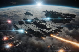 Create an exhilarating masterpiece depicting a pivotal historical event. In the galaxy, a grueling battle unfolds between two opposing forces, divided into three scenes. The bottom-left corner portrays a golden fortress, isolated and lacking support, defended by only a few space battleships and fighters. The middle section captures a brutal clash, witnessing numerous space battleships and fighters meeting their demise. The top-right corner witnesses a surge of silver warships and space fighters. As the war nears its conclusion, beams interlace between the space battleships and fortresses, while missiles continue to be launched from the space fighters. This is an epic war destined for the annals of history.Add more detail,(cyberpunk style, perfect lighting, shadows, sharp focus, 8k high definition, insanely detailed, masterpiece, hiper-realistic, highest quality, intricate details), (dynamic  pose:1.4) ,Cyberpunk, Detailedface, Realism,round ass,IMGFIX,cyberpunk style,cyberpunk,insane details ,high details,more detail XL,More Detail,ff8bg,Add more detail,Lens flare,no humans,scifi_veicle,Nature,Landscape,pointed ears,laser,non-humanoid robot