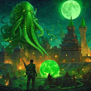 future man in fantasy world, (monsters), tentacles, tank, castle, green fire, moon, dark, night, miasma balls, 