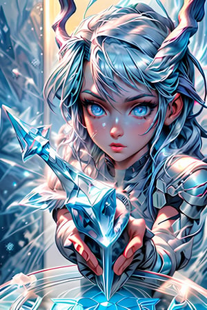 girls, cute, great quality, masterpiece, best quality, detailed face, detailed eyes, blue eyes, long hair, blue hair, soft light, glossy skin, beautiful figure, armor, levitation, magic circle, particles, line art, artstation, horns, snowing background,weapon,IceAI