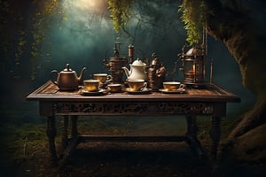 Dark room, steampunk, nature, intricate detail background, ultra quality, live light, table with tea, mystic, intricate foreground, wild nature, 