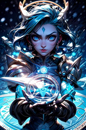 girls, cute, great quality, detailed face, detailed eyes, blue eyes, long hair, blue hair, soft light, glossy skin, beautiful figure, armor, levitation, magic circle, particles, horns, snowing background,weapon