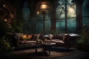 Dark room, steampunk, nature, intricate detail background, ultra quality, live light, sofa, table with tea, mystic, intricate foreground, wild nature, 
