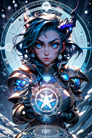 girls, cute, great quality, detailed face, detailed eyes, blue eyes, long hair, blue hair, soft light, glossy skin, beautiful figure, armor, levitation, magic circle, particles, horns, snowing background,weapon