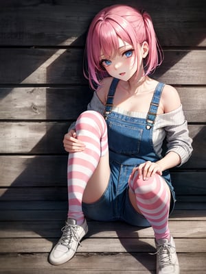 Cute girl, 18 year old, sitting on the floor in wooden house ((rear against the wall)), twiling, ((cuffed denim shortalls)), asymmetrical Bob hair, pink hair, cyan eyes, ((long striped knee socks)), off the shoulder sweater, ultra quality, best quality, ultra detailed, complex background, masterpiece, artstation, unreal engine, detailed background, soft light,