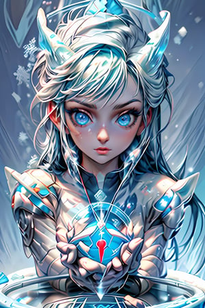 girls, cute, great quality, masterpiece, best quality, detailed face, detailed eyes, blue eyes, long hair, blue hair, soft light, glossy skin, beautiful figure, armor, levitation, magic circle, particles, line art, artstation, horns, snowing background, IceAI, upper body,