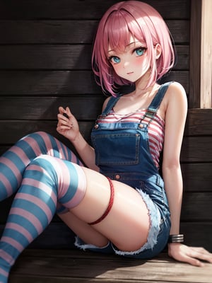 Cute girl, 18 year old, sitting on the floor in wooden house ((rear against the wall)), twiling, ((cuffed denim shortalls)), asymmetrical Bob hair, pink hair, cyan eyes, ((long striped knee socks)), off the shoulder sweater, ultra quality, best quality, ultra detailed, complex background, masterpiece, artstation, unreal engine, detailed background, soft light,