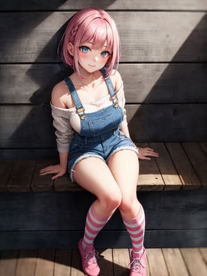 Cute girl, 18 year old, sitting on the floor in wooden house ((rear against the wall)), twiling, ((cuffed denim shortalls)), asymmetrical Bob hair, pink hair, cyan eyes, ((long striped knee socks)), off the shoulder sweater, ultra quality, best quality, ultra detailed, complex background, masterpiece, artstation, unreal engine, detailed background, soft light,