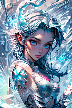 girls, cute, great quality, masterpiece, best quality, detailed face, detailed eyes, blue eyes, long hair, blue hair, soft light, glossy skin, beautiful figure, armor, levitation, magic circle, particles, line art, 8k, UHD, artstation, horns, snowing background, IceAI, upper body,