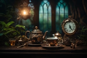 Dark room, steampunk, nature, intricate detail background, ultra quality, live light, table with tea, mystic, intricate foreground, wild nature, 