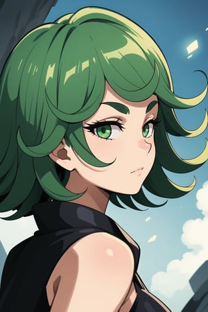 1girl, tatsumaki, green_hair, green_eyes, looking at viewer, perfect ears, neutral expression, from side, epic character composition, epic effects, (best quality, masterpiece, sharp focus, cinematic lighting),