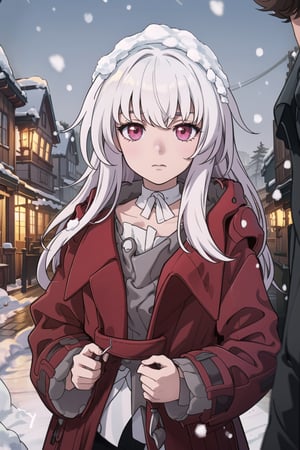 clara, honkai_star_rail, solo, red coat, looking at viewer, neutral expression, upper body, standin, trending, hand in pocket, snow, blizzard, blurry background, (masterpiece, best quality, sharp focus, digital)