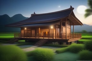 double storey house,
teak wood,
single slope roof,
thai lanna contemporary wooden house, stone driveway,
,a small building,
producing many glowing moonlight ores,
HZ Steampunk,
in front of rice paddy,
mountains in distant background,