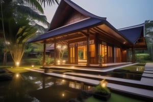 single storey house,
teak wood,
single slope roof,
thai lanna contemporary wooden house, stone driveway, tropical garden,
a small building,
producing many glowing moonlight ores,
in front of rice paddy,
mango tree,
Thai girl in traditional lanna dress,
mountains in distant background,photo r3al