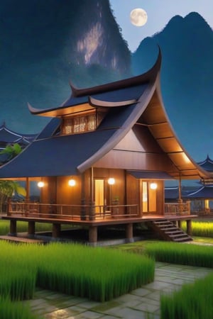 single storey house,
teak wood,
single slope roof,
thai lanna contemporary wooden house, stone driveway,
a small building,
producing many glowing moonlight ores,
HZ Steampunk,
in front of rice paddy,
mountains in distant background,HZ Steampunk