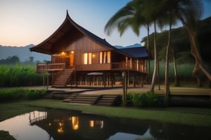 double storey house,
teak wood,
single slope roof,
thai lanna contemporary wooden house, stone driveway,
a small building,
producing many glowing moonlight ores,
HZ Steampunk,
in front of rice paddy,
mountains in distant background,