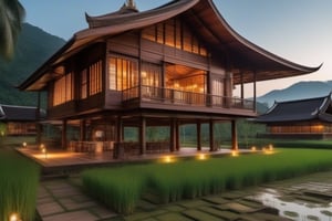 single storey house,
teak wood,
single slope roof,
thai lanna contemporary wooden house, stone driveway,
a small building,
producing many glowing moonlight ores,
HZ Steampunk,
in front of rice paddy,
Thai girl in traditional lanna dress
mountains in distant background,HZ Steampunk