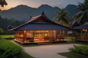 single storey house,
teak wood,
single slope roof,
thai lanna contemporary wooden house, stone driveway,
a small building,
producing many glowing moonlight ores,
in front of rice paddy,
mango tree,
Thai girl in traditional lanna dress,
mountains in distant background,