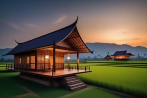 single storey house,
teak wood,
single slope roof,
thai lanna contemporary wooden house, stone driveway,
a small building,
producing many glowing moonlight ores,
HZ Steampunk,
in front of rice paddy,
Thai girl in traditional dress
mountains in distant background,HZ Steampunk