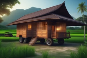 double storey house,
teak wood,
single slope roof,
thai lanna contemporary wooden house,
very old landrover in driveway,
,a small building,
producing many glowing moonlight ores,
HZ Steampunk,
in front of rice paddy,
mountains in distant background,