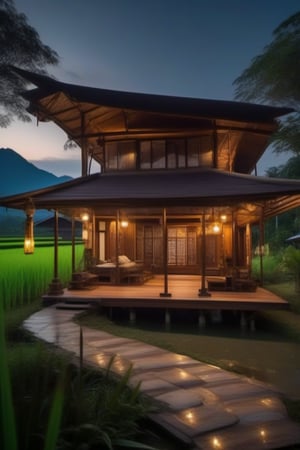 single storey house,
teak wood,
single slope roof,
thai lanna contemporary wooden house, stone driveway,
a small building,
producing many glowing moonlight ores,
HZ Steampunk,
in front of rice paddy,
mountains in distant background,HZ Steampunk