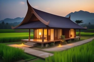 single storey house,
teak wood,
single slope roof,
thai lanna contemporary wooden house, stone driveway,
a small building,
producing many glowing moonlight ores,
in front of rice paddy,
mango tree,
Thai girl in traditional lanna dress,
mountains in distant background,photo r3al