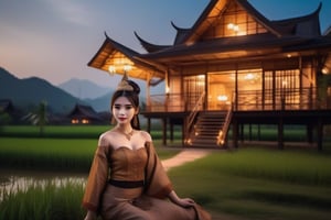 single storey house,
teak wood,
single slope roof,
thai lanna contemporary wooden house, stone driveway,
a small building,
producing many glowing moonlight ores,
HZ Steampunk,
in front of rice paddy,
Thai girl in traditional dress
mountains in distant background,HZ Steampunk