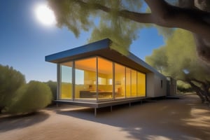 split level single storey house,
richard rogers, le corbusier contemporary,
single slope roof,
a small building,
producing many glowing moonlight ores,
in the camargue,
shade tree,
french cevenne mountains in distant background,photo r3al,HZ Steampunk