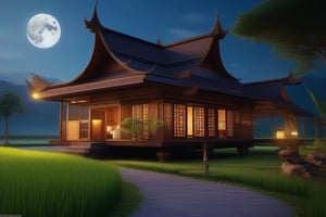 single storey house,
teak wood,
single slope roof,
thai lanna contemporary wooden house, stone driveway,
a small building,
producing many glowing moonlight ores,
HZ Steampunk,
in front of rice paddy,
Thai girl in traditional dress
mountains in distant background,HZ Steampunk