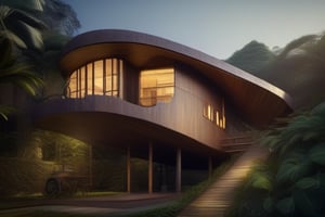 golden ratio
natural 
double storey house
single slope roof
thai lanna contemporary wood house
old landrover in driveway
,a small building,producing many glowing moonlight ores,HZ Steampunk