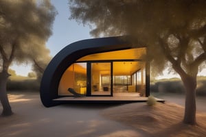 split level single storey house,
richard rogers contemporary,
single slope roof,
a small building,
producing many glowing moonlight ores,
in the camargue,
shade tree,
french cevenne mountains in distant background,photo r3al,HZ Steampunk