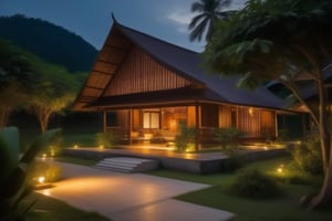 single storey house,
teak wood,
single slope roof,
thai lanna contemporary wooden house, stone driveway,
a small building,
producing many glowing moonlight ores,
in front of rice paddy,
mango tree,
Thai girl in traditional lanna dress
mountains in distant background