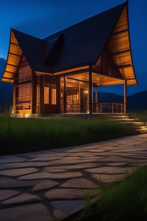 single storey house,
teak wood,
single slope roof,
thai lanna contemporary wooden house, stone driveway,
a small building,
producing many glowing moonlight ores,
HZ Steampunk,
in front of rice paddy,
mountains in distant background,HZ Steampunk