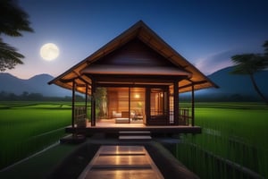 double storey house,
teak wood,
single slope roof,
thai lanna contemporary wooden house, stone driveway,
a small building,
producing many glowing moonlight ores,
HZ Steampunk,
in front of rice paddy,
mountains in distant background,