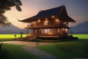 single storey house,
teak wood,
single slope roof,
thai lanna contemporary wooden house, stone driveway,
a small building,
producing many glowing moonlight ores,
HZ Steampunk,
in front of rice paddy,
Thai girl in traditional dress
mountains in distant background,HZ Steampunk