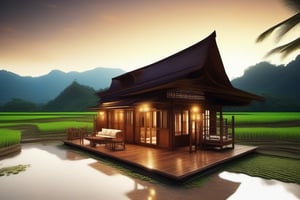 double storey house,
teak wood,
single slope roof,
thai lanna contemporary wooden house, stone driveway,
,a small building,
producing many glowing moonlight ores,
HZ Steampunk,
in front of rice paddy,
mountains in distant background,