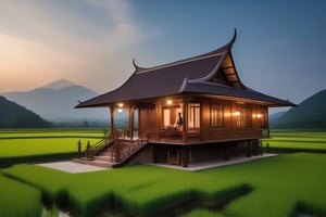 single storey house,
teak wood,
single slope roof,
thai lanna contemporary wooden house, stone driveway,
a small building,
producing many glowing moonlight ores,
HZ Steampunk,
in front of rice paddy,
Thai girl in traditional dress
mountains in distant background,HZ Steampunk